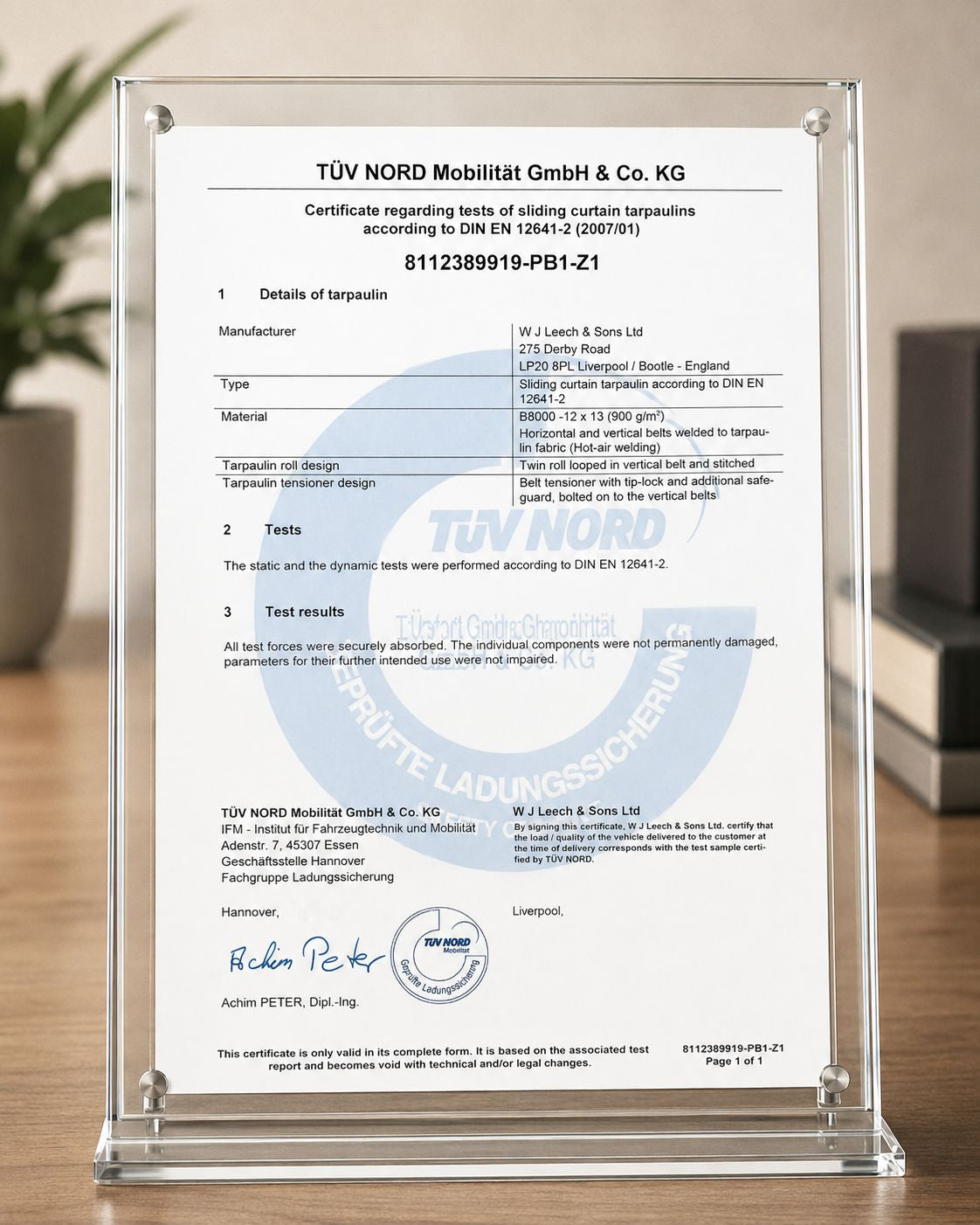 TÜV NORD DIN EN 12641-2 certificate for W J Leech & Sons sliding curtain tarpaulins