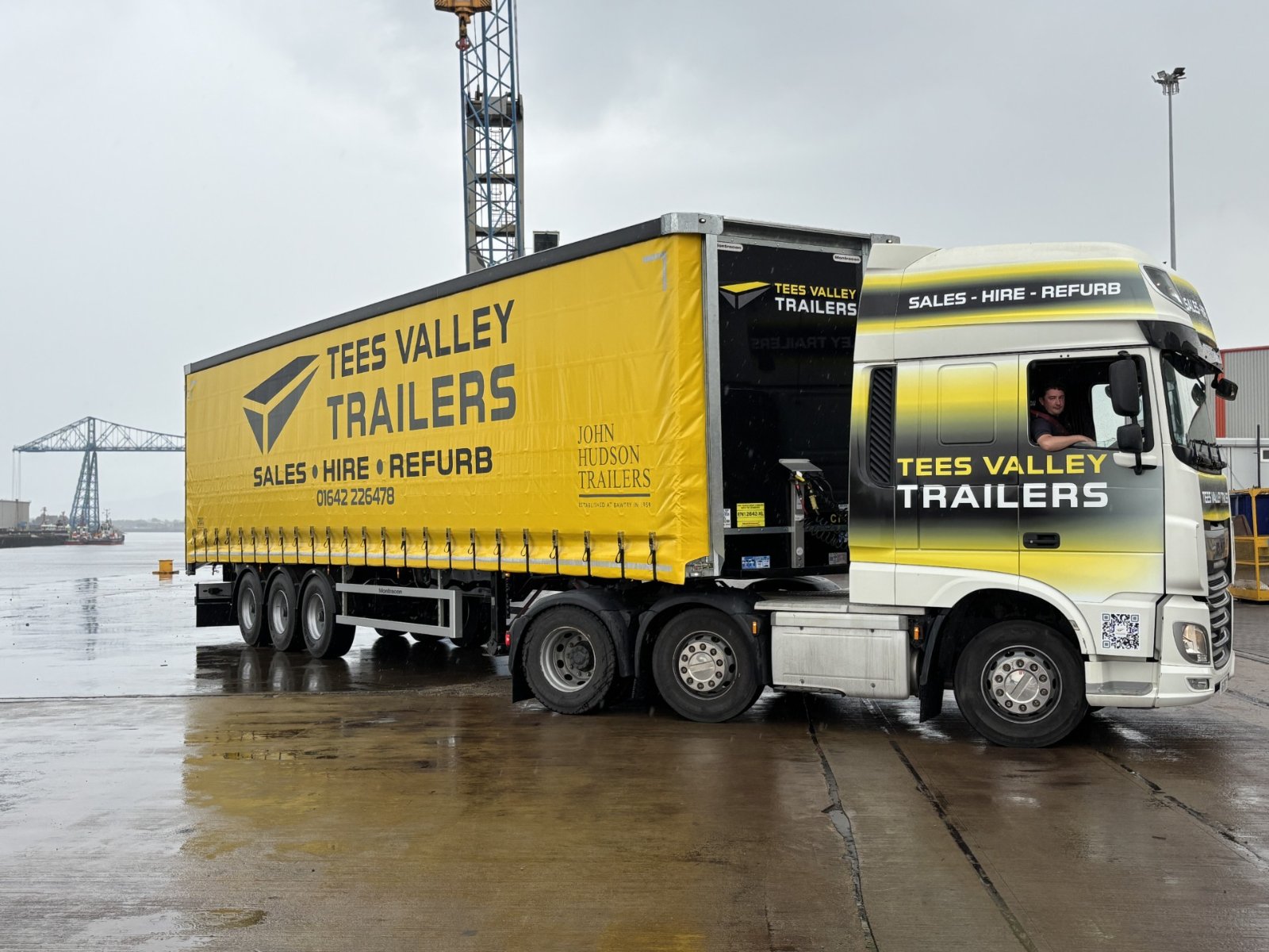 Tees Valley Trailers yellow curtain-side trailer and DAF tractor unit at Teesport