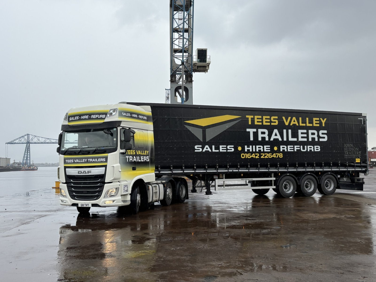 Tees Valley Trailers black curtain-side trailer and DAF tractor unit at Teesport